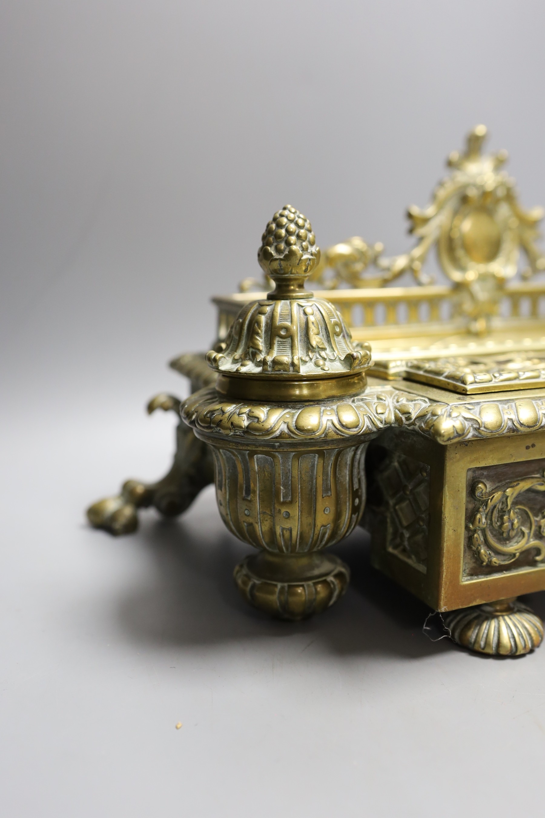 A 19th century French cast brass ink stand, 40cm